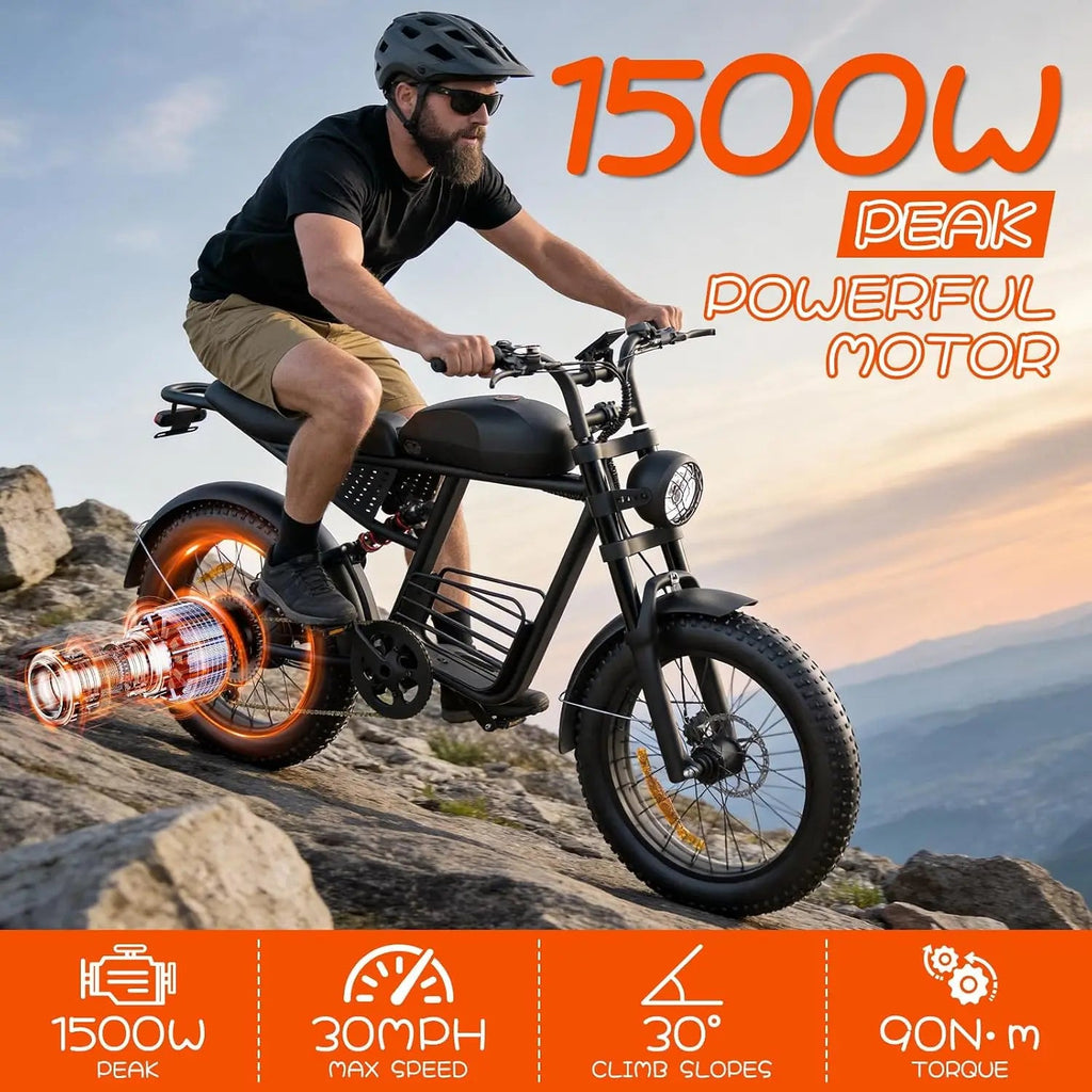 Electric Bike for Adults, 48V 1500W/3000W Dual Peak Motor, 35 mph Top Speed, 20" 4.0" Fat Tires, 7-Speed, Custom - Power Sports Electric Scooters
