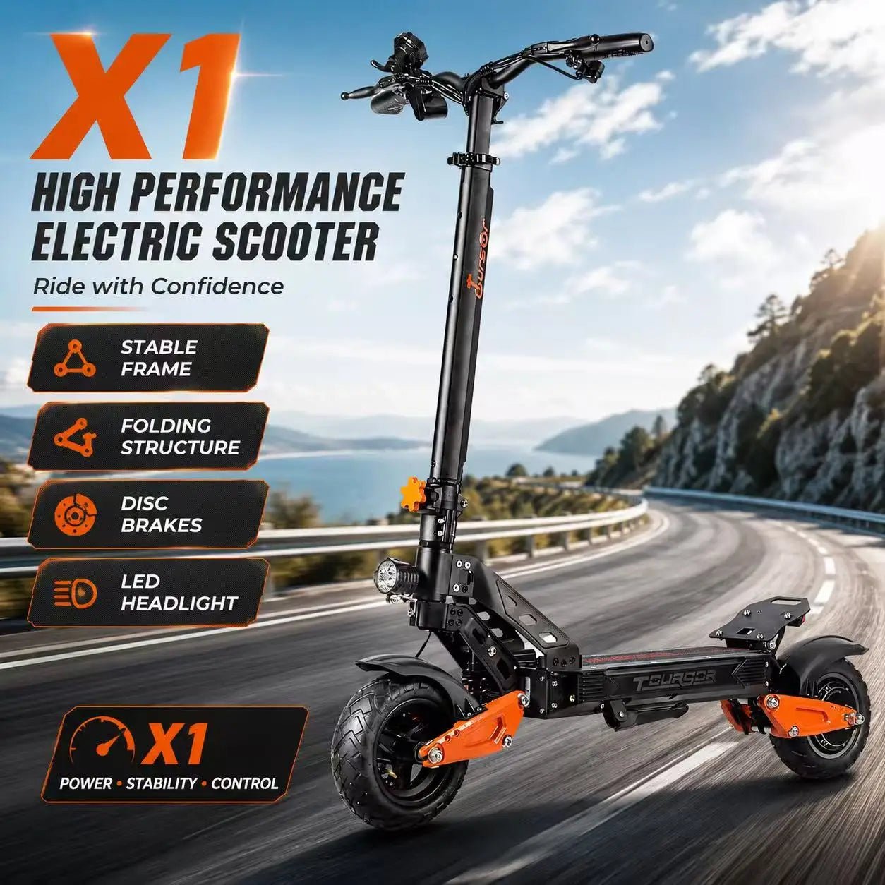 Heavy Duty X1 Electric Scooter 1000W Brushless Motor 100KG Max Load 35KM Range Dual Shock Absorption and Foldable Frame - Power Sports Electric Scooters